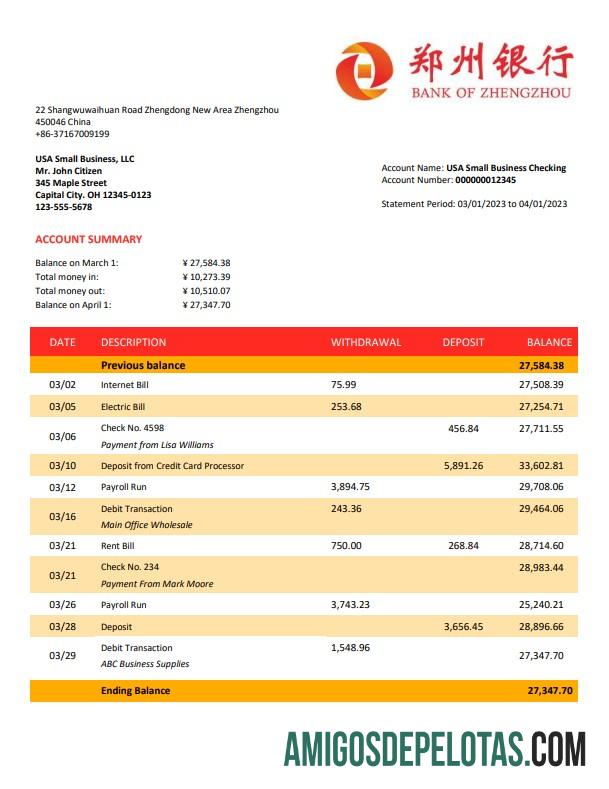 Imprimível Banco de Zhengzhou Modelo de extrato de conta firme em Word e PDF